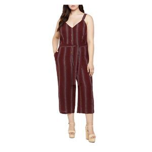 SANCTUARY Womens Maroon Belted Button Front Cropped Wide Leg Jumpsuit Plus 2X